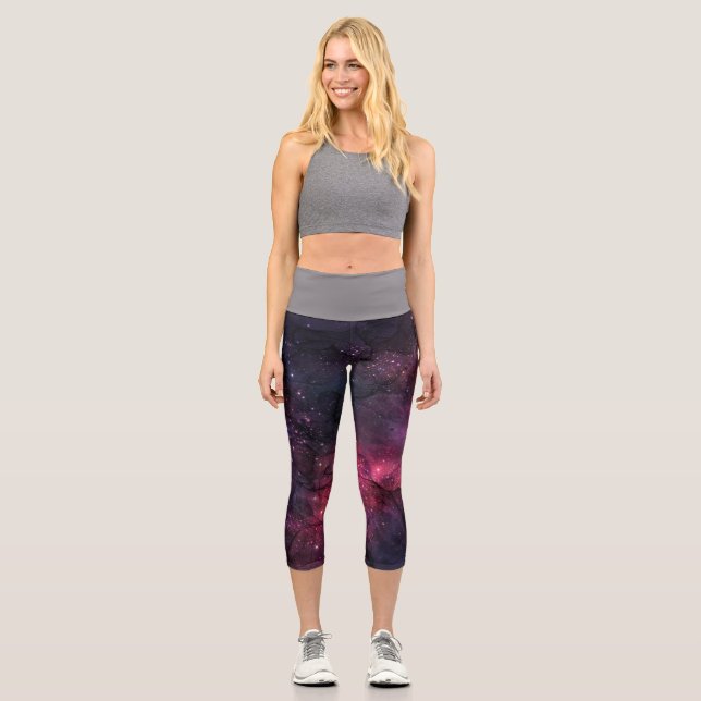 Starry Stars Outer Space Galaxy Planetary Pattern Capri Leggings (Front)