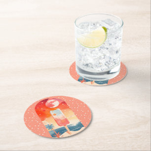 Starry Summer Tropical Night Round Paper Coaster