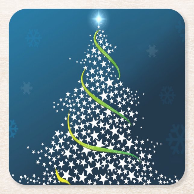 Starry Swirling Christmas Tree on Blue Square Paper Coaster (Front)