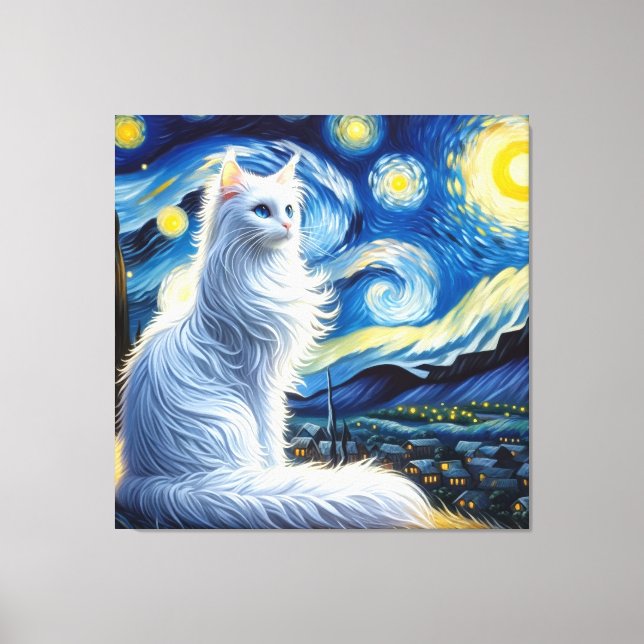 Starry Turkish Angora Cat Portrait - Pet Portrait Canvas Print (Front)