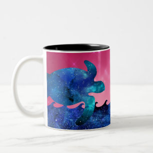 Starry Turtle over waves, red and pink starry back Two-Tone Coffee Mug