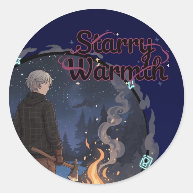 Starry Warmth - Lumberjack Anime Boy by Campfire Classic Round Sticker (Front)
