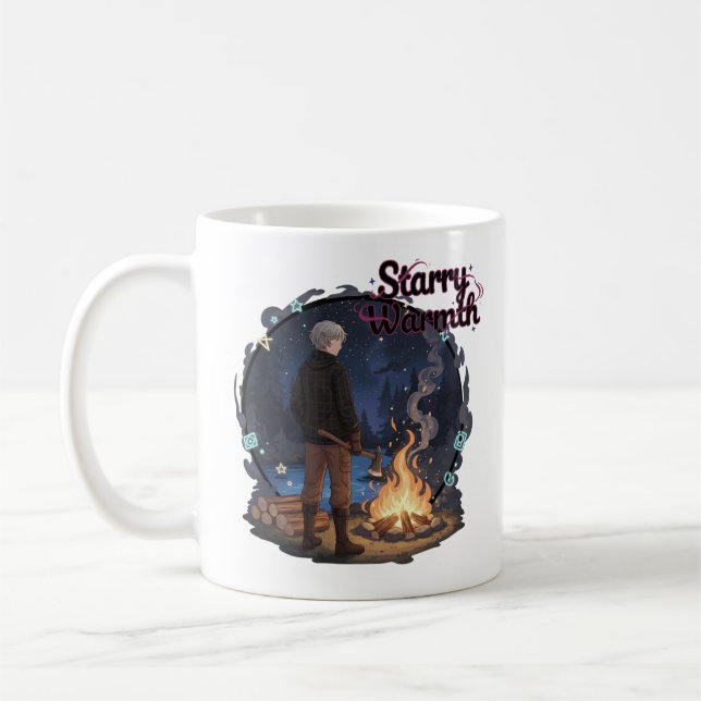 Starry Warmth - Lumberjack Anime Boy by Campfire Coffee Mug (Left)