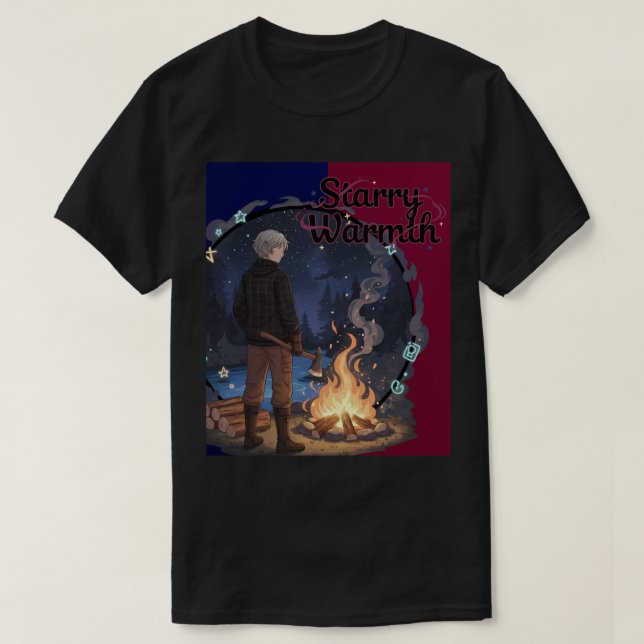 Starry Warmth - Lumberjack Anime Boy by Campfire T-Shirt (Design Front)
