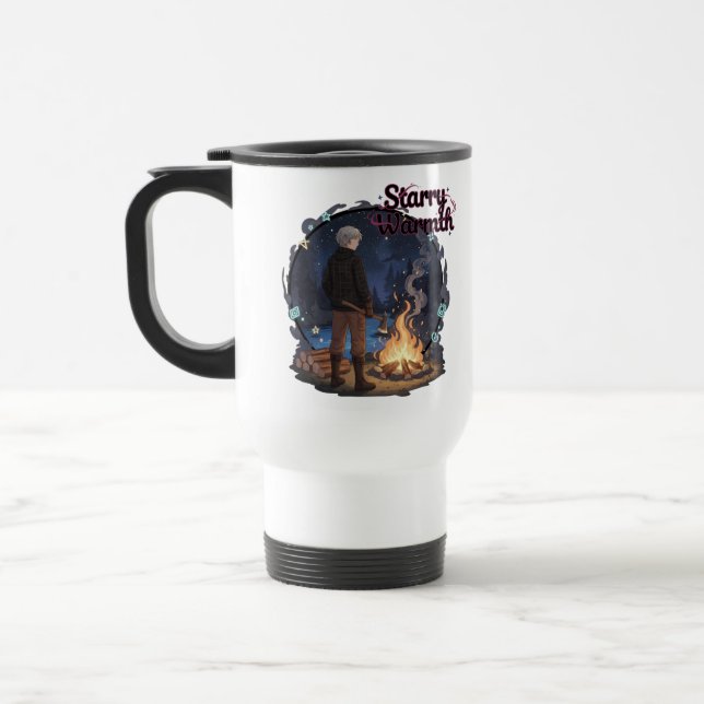 Starry Warmth - Lumberjack Anime Boy by Campfire Travel Mug (Left)