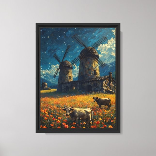 Starry Windmill Meadow Cows Canvas Print (Front)