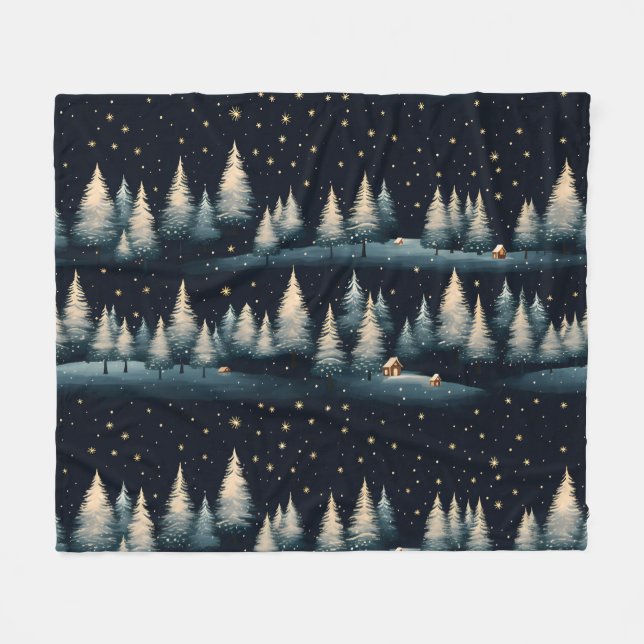 Starry Winter Forest Night Fleece Blanket (Front (Horizontal))