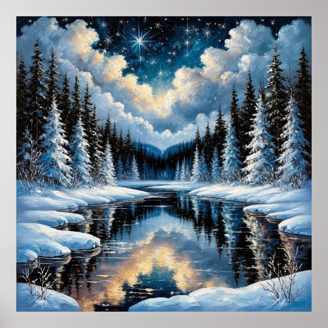 Starry Winter Landscape with Snowy Trees Poster (Front)