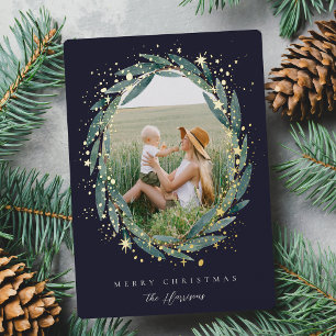 Starry Winter Laurel   Photo Foil Holiday Card