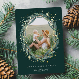 Starry Winter Laurel Photo Foil Holiday Card