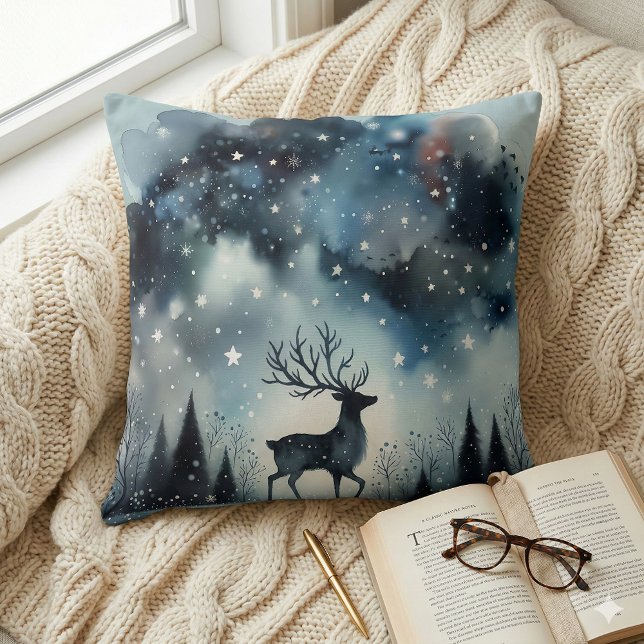 Starry Winter Night Deer Cushion (Starry Winter Night Deer Throw Pillow Mockup A)