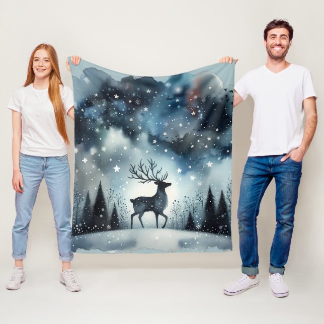 Starry Winter Night Deer  Fleece Blanket (In Situ)