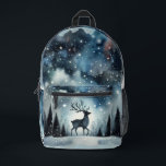 Starry Winter Night Deer  Printed Backpack<br><div class="desc">A graceful stag stands beneath a shimmering winter sky, framed by snow-dusted pines and delicate bare trees. The deep midnight blues fade into frosty whites, while stars and snowflakes scatter like jewels across the heavens. This dreamy woodland scene captures the quiet wonder of a snowy night, blending cottagecore warmth with...</div>