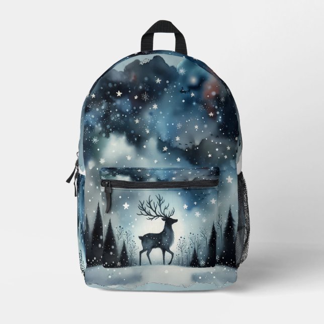 Starry Winter Night Deer  Printed Backpack (Front)