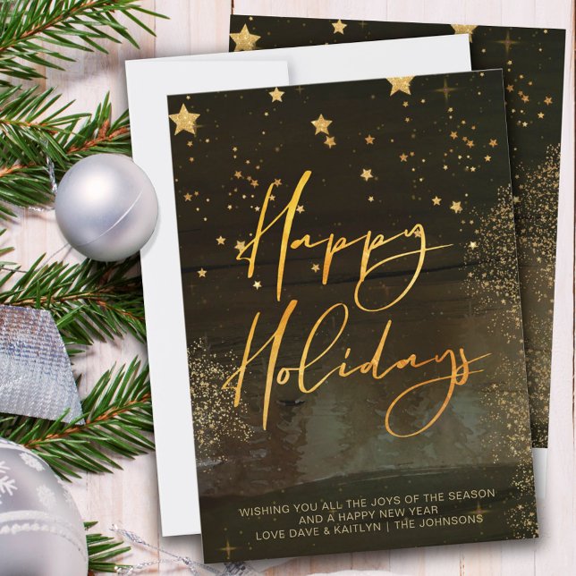 Starry Winter Night Happy Holidays Gold Script Holiday Card (Creator Uploaded)
