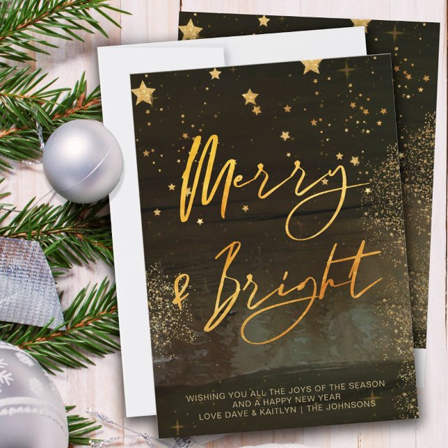 Starry Winter Night Merry and Bright Gold Script Holiday Card (Creator Uploaded)
