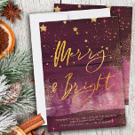 Starry Winter Night Merry and Bright Ruby Gold Holiday Card<br><div class="desc">Starry winter night Merry & Bright christmas card with elegant gold script calligraphy. This chic and modern design combines ruby watercolor brush strokes, gold stars, starlight glow, gold dust and a misty forest. It is hand lettered with Merry & Bright and the template is set up for you to add...</div>