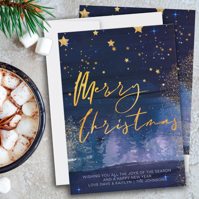 Starry Winter Night Merry Christmas Blue Gold Holi Holiday Card (Creator Uploaded)