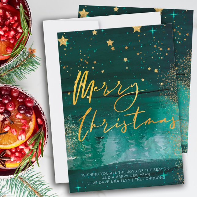 Starry Winter Night Merry Christmas Green Gold Holiday Card (Creator Uploaded)
