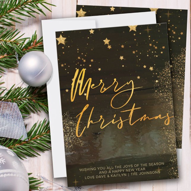 Starry Winter Night Merry Christmas Script Gold Holiday Card (Creator Uploaded)