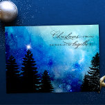 Starry Winter Night w/Stars, Pine & Christmas Text Holiday Card<br><div class="desc">Beautiful elegant pine trees in silhouette against a background of deep blue starry night winter sky with single glowing star and Christmas quote with both custom text graphics and editable text fields. Back features complementary woods in silhouette and editable text fields.</div>