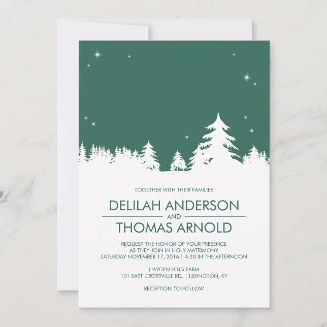 Starry Winter Nights Emerald Green Wedding Invitation (Front)