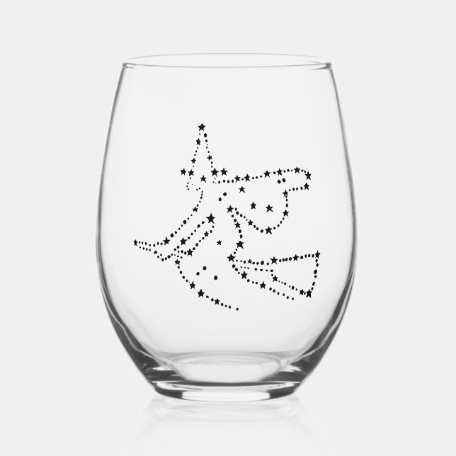 Starry Witch Outline | Elegant Black Stemless Wine Glass (Front)