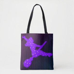 Starry Witches on Broomsticks Purple and Green Tote Bag
