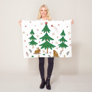 Starry Woodland Christmas Forest Rabbits Fleece Blanket