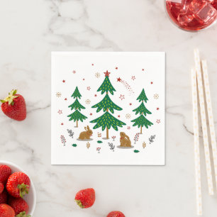 Starry Woodland Christmas Forest Rabbits Napkin