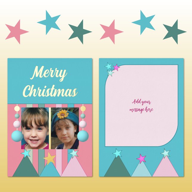 Stars and baubles merry christmas photos pink foil holiday card (Creator Uploaded)