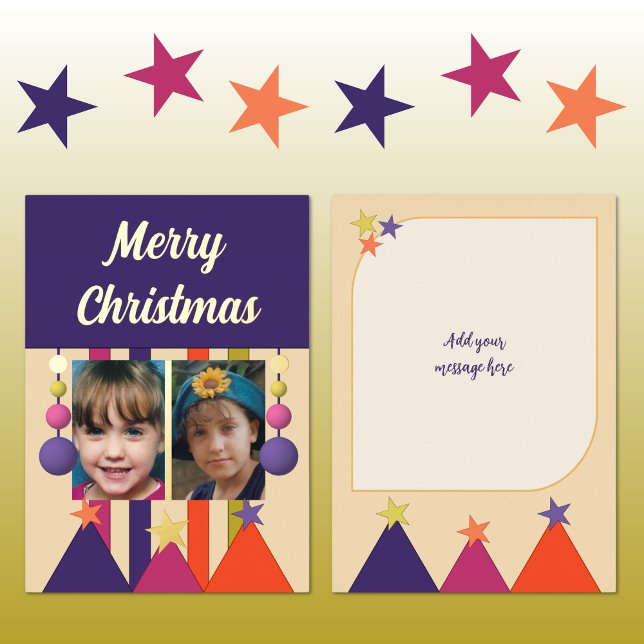 Stars and baubles merry christmas photos purple foil holiday card (Creator Uploaded)