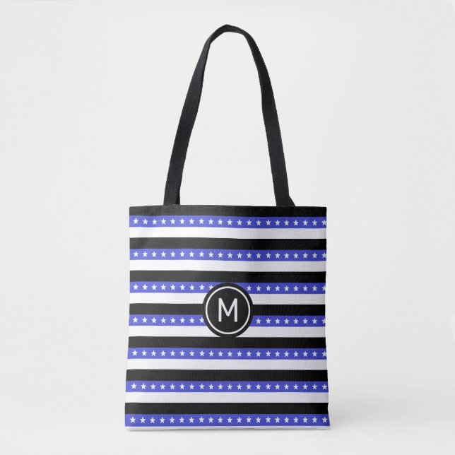 Stars and Black Blue and White Stripes Tote Bag (Front)