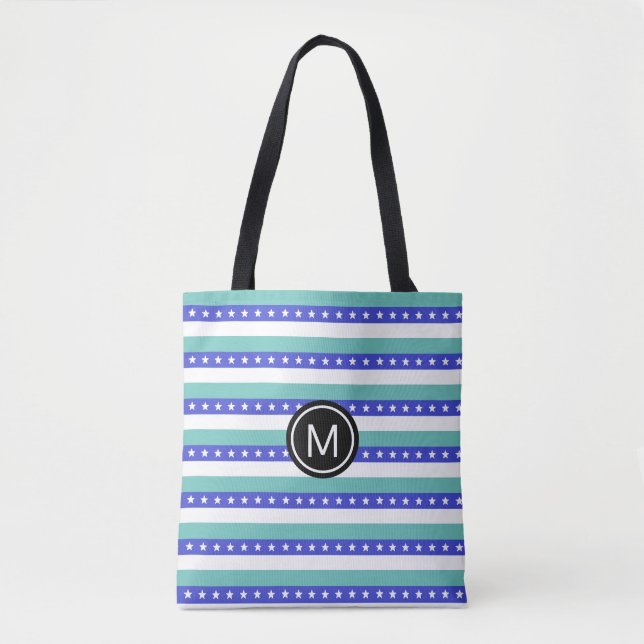 Stars and Blue Teal and White Stripes Tote Bag (Front)