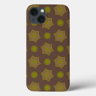 Stars and circles in brown and green iPhone 13 case