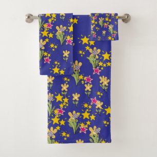 Stars And Flowers Deep Blue Bath Towel Set