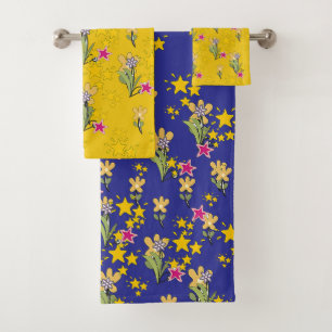 Stars And Flowers Deep Blue Yellow Bath Towel Set