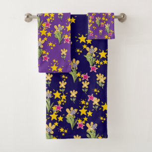 Stars And Flowers Navy Blue Purple Bath Towel Set