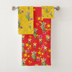 Stars And Flowers Red Yellow Bath Towel Set