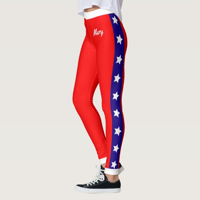 Stars and Monogram on Red White and Blue Leggings (Left)