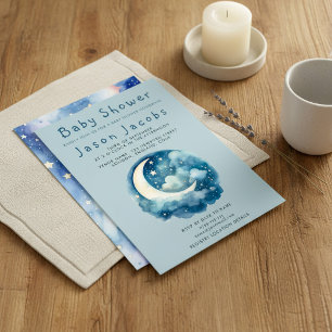 Stars and moon baby shower blue invitation