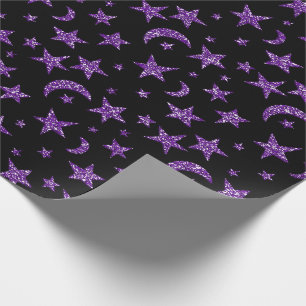 Stars And Moon Black Purple Plum Sparkly Wrapping Paper