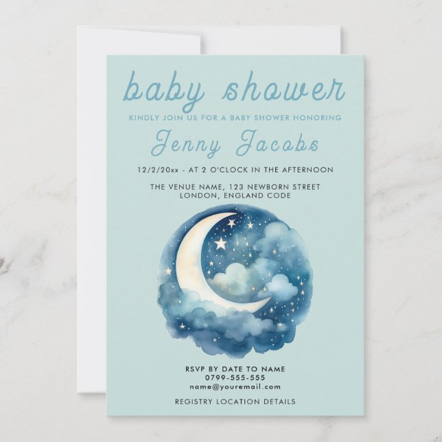 Stars and moon dreamy baby shower invitation (Front)