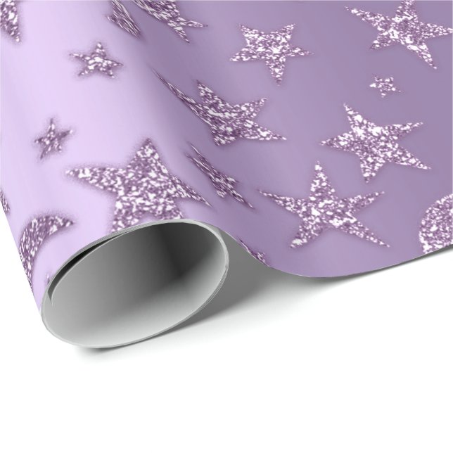 Stars And Moon Sparkly Lavender Purple Violet Wrapping Paper (Roll Corner)