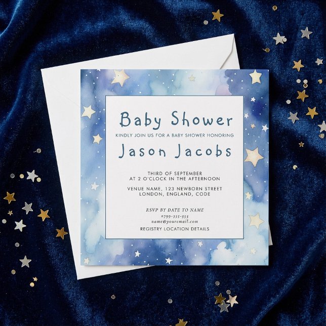 Stars and night sky baby shower blue invitation (Stars and night sky baby shower blue invitation.)