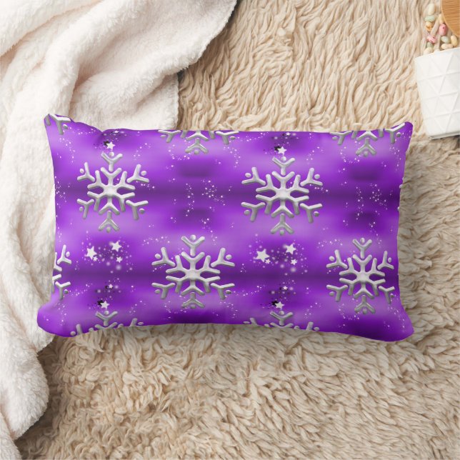 Stars and Silver Snowflakes Purple Christmas Lumbar Cushion (Blanket)