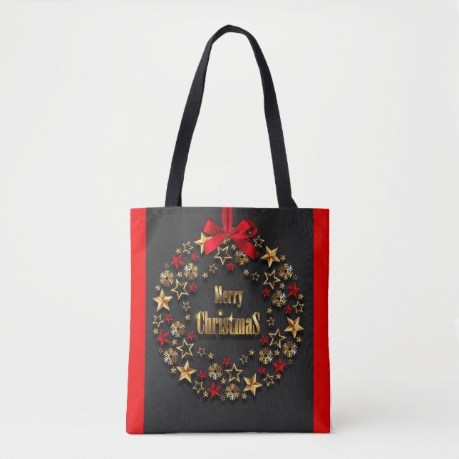 Stars and Snowflake Christmas Wreath Tote Bag (Front)
