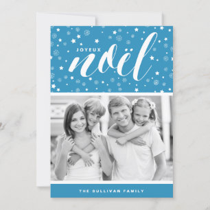 Stars and Snowflakes Joyeux Noël Blue Holiday Card