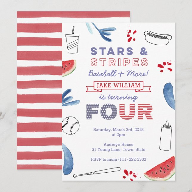 Stars and Stripes 4th Birthday Baseball Party Invitation (Front/Back)