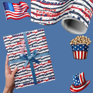 Stars and Stripes 4th July Red White Blue Birthday Wrapping Paper